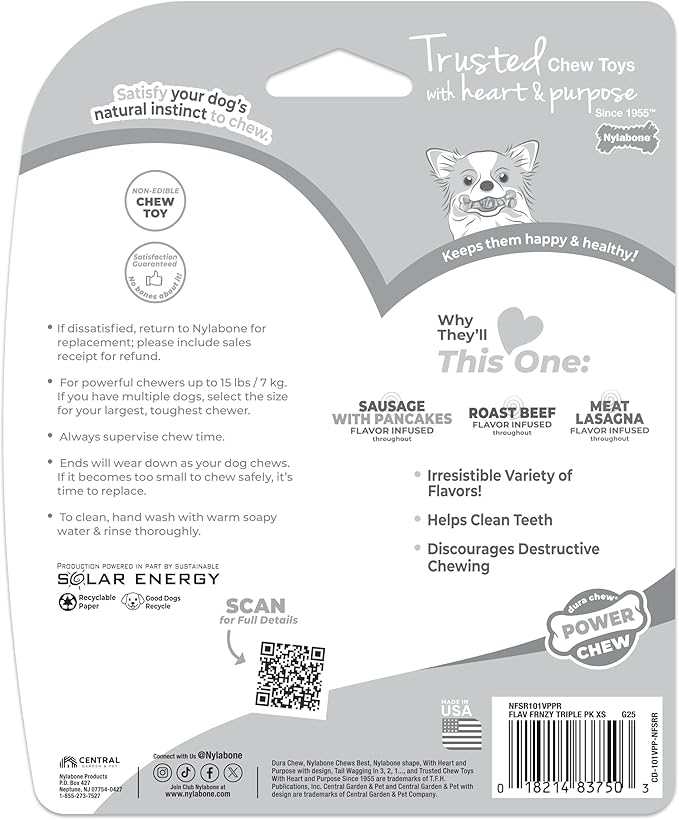 Nylabone Original Bone Power Chew Toy for Dogs, Durable Dog Toys for Aggressive Chewers, Flavor Frenzy Pancakes & Sausage, Roast Beef, & Lasagna, X-Small - Up to 15 lbs, 3 Pack
