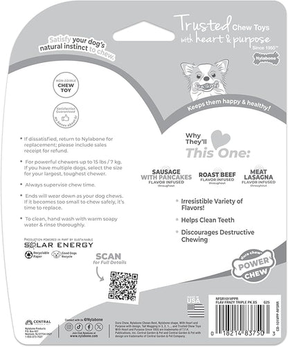 Nylabone Original Bone Power Chew Toy for Dogs, Durable Dog Toys for Aggressive Chewers, Flavor Frenzy Pancakes & Sausage, Roast Beef, & Lasagna, X-Small - Up to 15 lbs, 3 Pack