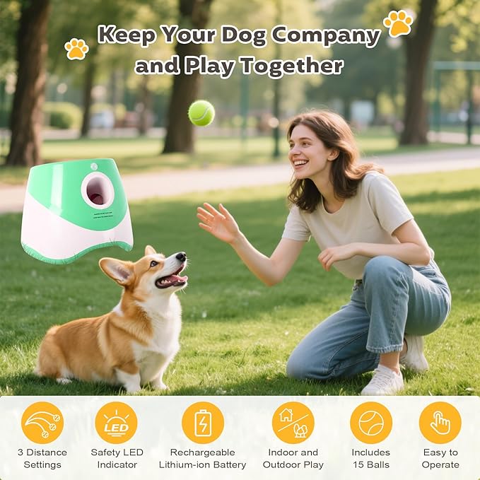 Dollate Automatic Ball Launcher for Small Dogs,Interactive Toys Dog Ball Thrower Machine with 10-30Ft 3 Launching Distance,Indoor & Outdoor with 15 Mini Tennis Balls (2 inch),Green