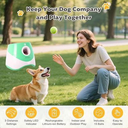 Dollate Automatic Ball Launcher for Small Dogs,Interactive Toys Dog Ball Thrower Machine with 10-30Ft 3 Launching Distance,Indoor & Outdoor with 15 Mini Tennis Balls (2 inch),Green
