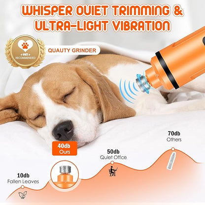 Dog Nail Grinder Electric Powerful 3 Speeds Dog Nail Clippers with Lights Quiet Cat Nail Clipper Painless Care Trimmers Tools for Small Medium Large Dogs and Cats（Orange）