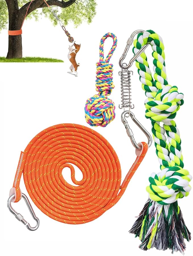 Dog Bungee Hanging Toy, Spring Pole Rope Pull & Tug of War Toy for Aggressive Chewers Middle Large Dogs to Exercise Solo Play, Interactive Tether Tug Outdoor Dog Toy with 2 Chew Ropes