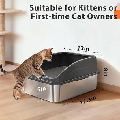 Stainless Steel Litter Box | Metal Kitty Litter Box with Lid High Sided for Small Cats or Injured Cats, Bunny Litter Boxes, Low Entry, Odor-Free, Non-Stick,Includes Scoop (Dark Gray, Small)