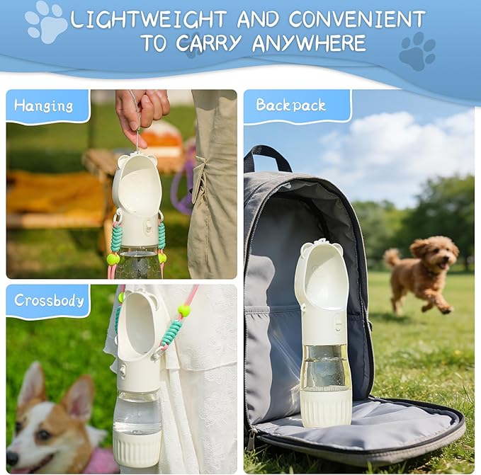 YFL Portable Dog Water Bottle with Food Container - 2 in 1 Travel Puppy Water Dispenser with Crossbody Sling & Strap - Leak Proof, Aesthetic Dog Walking Accessory for Hiking (White)