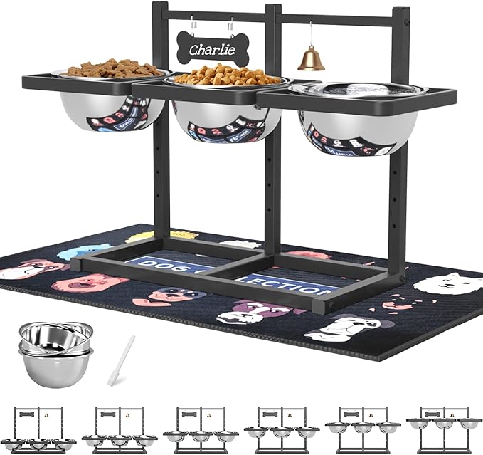 SHAINFUN Elevated Dog Bowls Stand for Medium/Large Dogs with Mat, 6 Height Adjustable Raised Dog Bowl, Three 58oz Food Water Bowls