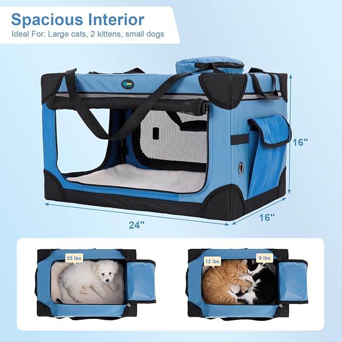 Ownpets Extra Large Cat Carrier for 2 Cats Small Dogs, 24 Inches Collapsible Soft Dog Crate for Car Travel, Portable Pet Carrier with Soft Mat, Blue