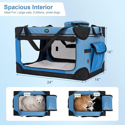 Ownpets Extra Large Cat Carrier for 2 Cats Small Dogs, 24 Inches Collapsible Soft Dog Crate for Car Travel, Portable Pet Carrier with Soft Mat, Blue