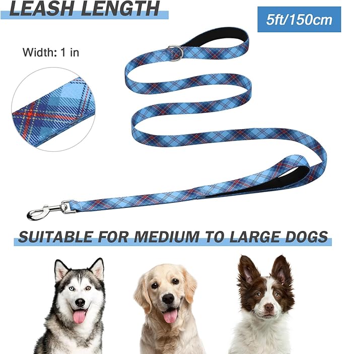 Hikiko Double Handle Dog Leash 5 Foot for Small Medium Large Dogs, Padded Traffic Handles Lead for Walking Training (Blue Plaid)