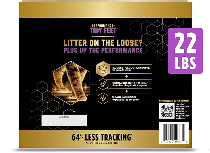Purina Tidy Cats Performance Plus Tidy Feet Scented Low Tracking Cat Litter, Clumping, Multi-Cat Odor Control Kitty Litter with Clean Linen Scent - 22 lb. Box
