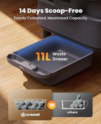 oneisall Self Cleaning Litter Box: Ease S1 Open-Top Cat Litter Box Rinsable Easy Clean, with Safety Protection & 11L Large Waste Bin & 40pcs Waste Bags, Automatic Cat Litter Box for Multiple Cats