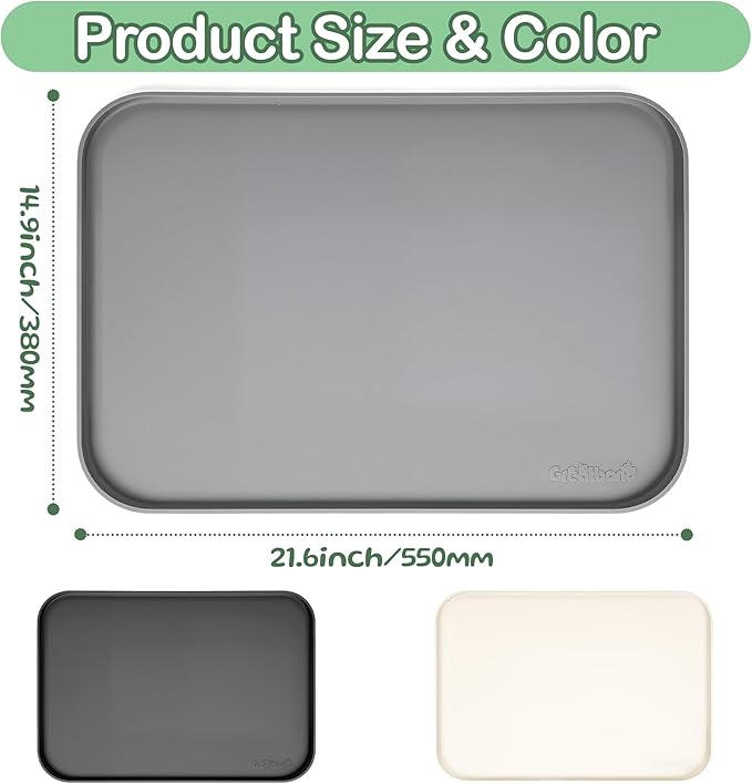 100% Waterproof Silicone Pet Feeding Mat,Warped Resistant Raised Edge BPA-Free Dog Cat Food Mats, Non-Slip Pet Placemat with High Lip to Prevent Spills, Dishwasher Safe, 21.5"x14" Grey