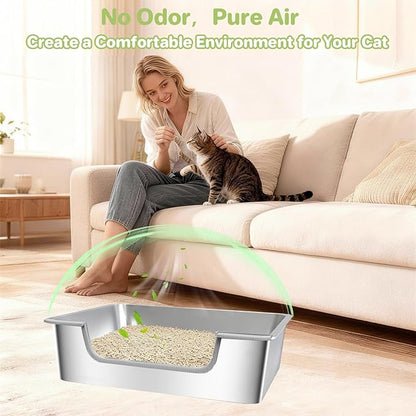 2-Pack Low Entry Litter Box for Senior Kittens Disabled Cats - Stainless Steel High Sided Enclosed Easy Step in Entry - Large Metal Kitty Litter Box Easy to Clean (23.6"x15.7"x5.9")