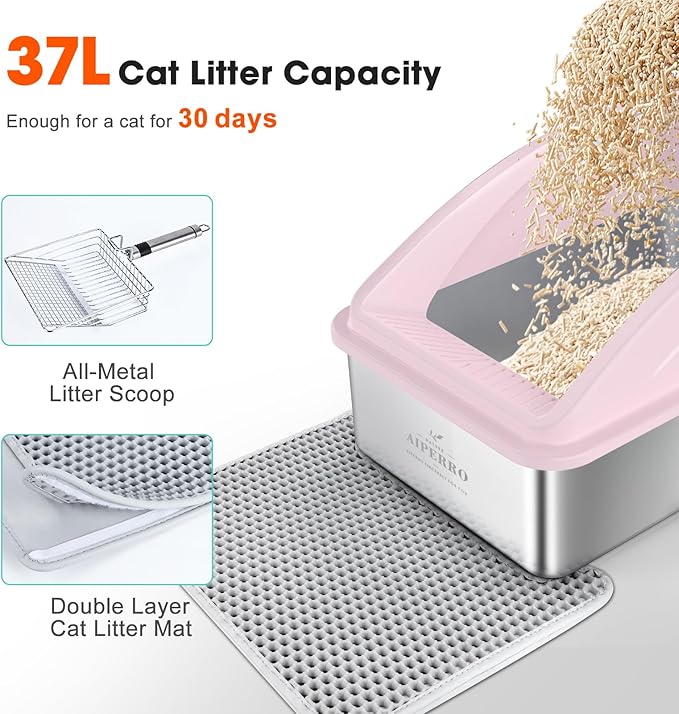 Stainless Steel Litter Box | XL Enclosed Cat Litter Boxs with Lid for Big Cats | High Sided, Anti-Urine Leakage | Non-Stick Bottom & Includes Litter Mat & Metal Scoop (Cute Pink)