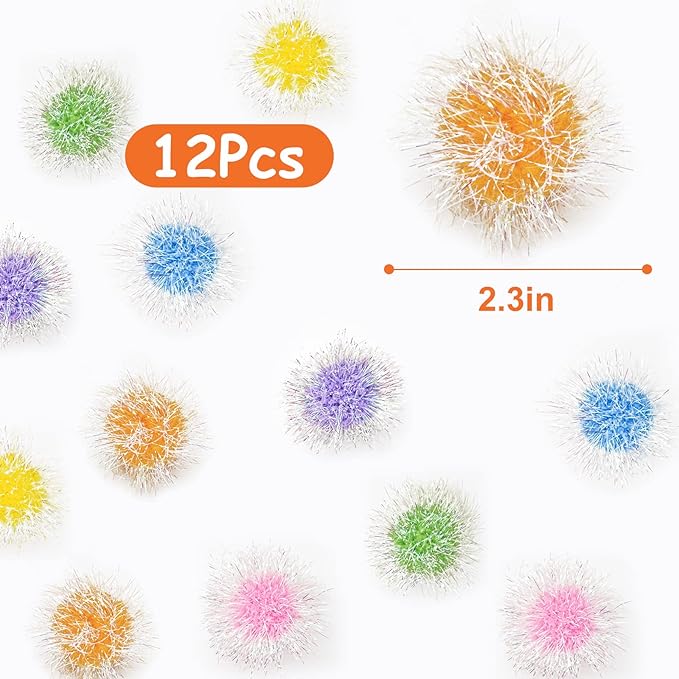 Andiker Cat Sparkle Balls, 6pcs 2.36 Inches Cat Pom Pom Ball Glitter Tinsel Kitten Balls Toy Foil Fuzzy Ball for DIY Craft Colorful Interactive Cats Toys for Indoor Cats to Keep Fit and Active(12Pcs)