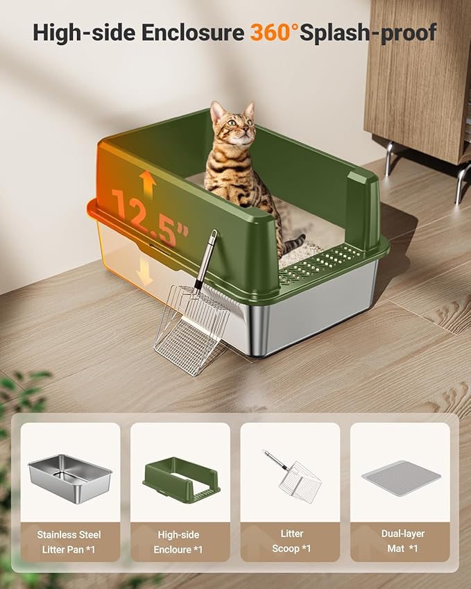 XL Stainless Steel Litter Box, Large Metal Cat Litter Box with High Sided for Big Cats, Enclosed Litter Boxes with Lid, Easy-Clean Cat Litter Mat & Scoop Kit, Non Sticky, Anti-Urine Leakage