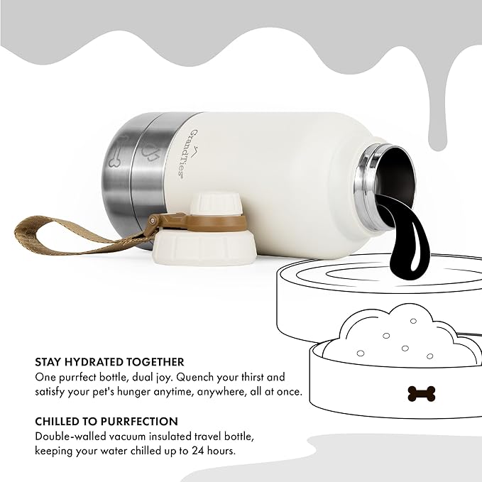 GrandTies Insulated Portable Dog Water Bottle with 2 Detachable Water Bowl Dispenser | Leak-Proof Dog Food Travel Container | Accessories for Dogs Walking, Hiking, Camping (32oz, Ivory White)