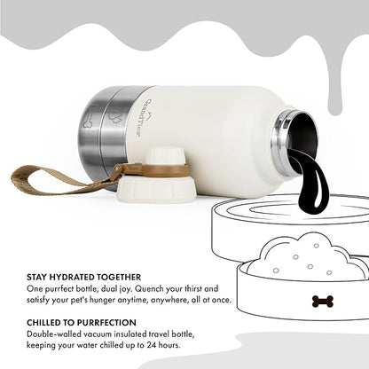 GrandTies Insulated Portable Dog Water Bottle with 2 Detachable Water Bowl Dispenser | Leak-Proof Dog Food Travel Container | Accessories for Dogs Walking, Hiking, Camping (32oz, Ivory White)