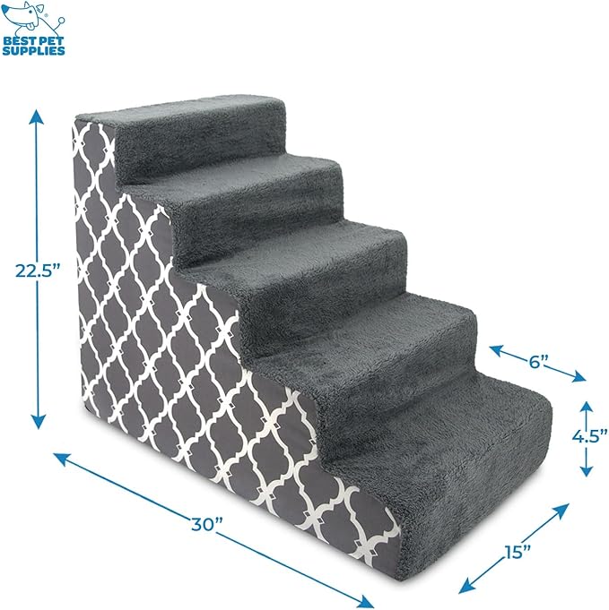 Best Pet Supplies Dog Stairs & Steps - Foam Steps for Small Dogs & Cats, Non-Slip Indoor Balanced Pet Step Support, Dog Ramp, No Assembly, Gray Lattice Print, 5-Step (22.5-inch Height)