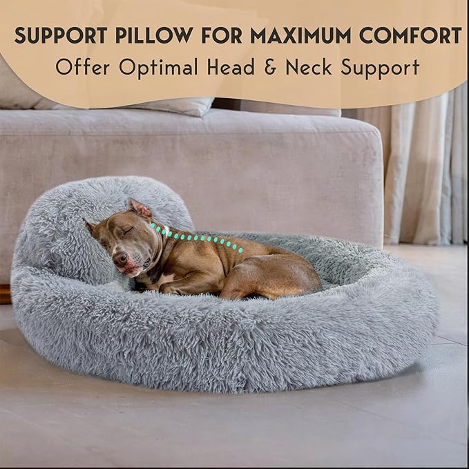 PetJett Dog Beds Large Sized Dog - 36'' Calming Round Bed, Anti-Slip & Washable Super Soft Donut Bed, Fluffy Faux Fur Anti-Anxiety Premium Comfort Pet Bed, Fits Dogs up to 80 lbs - Bright Grey