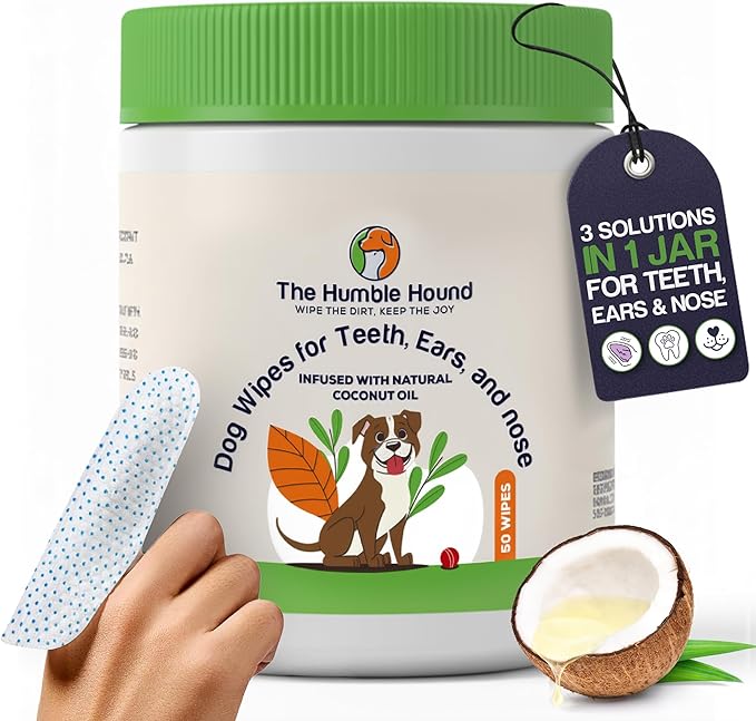 3-in-1 Dog Dental Wipes – Finger Wipes for Teeth, Ears & Snout Infused with Coconut Oil | Promotes Fresh Breath, Tartar Control & Daily Hygiene | Gentle Grooming Wipes for All Dogs – 50 Count