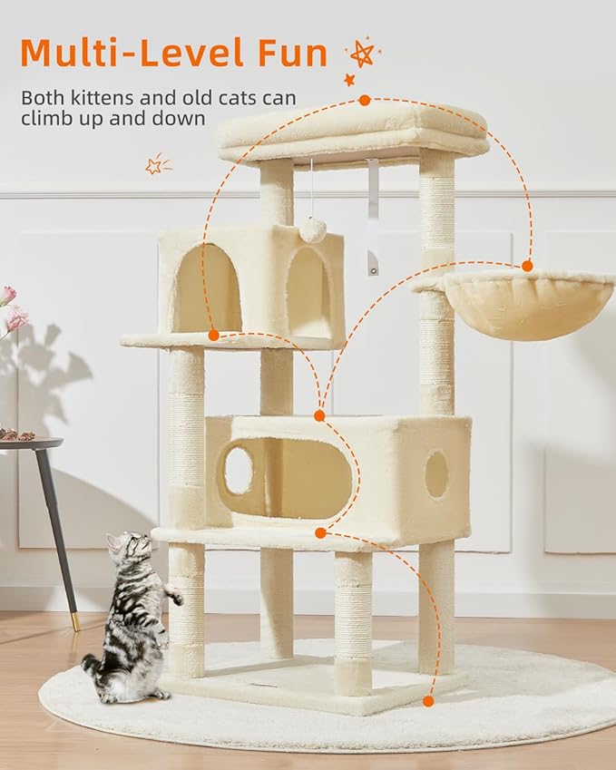 Taoqimiao Cat Tree,49-Inch Cat Tower for Indoor Cats,2 Luxurious cat condo with Adjustable Large Hanging Baskets and Large Luxurious Perch Beige MS029LM