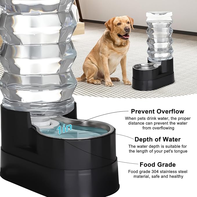 RIZZARI Automatic Dog Water Dispenser: Spill-Resistant 9L Black Gravity Feeder-Removes Odors -Softens Water - Supports Elderly Dogs’ Spine Health - Includes 2 Extra Filters & 2 Bottle Caps