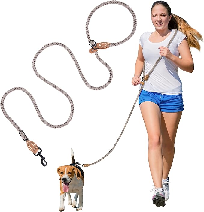 Mile High Life Hands Free Dog Leash, Crossbody Waist Leash with Genuine Leather Connection, Multifunctional Adjustable Slip Lead for Dog Walking Running (Camel, 8FT)