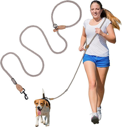 Mile High Life Hands Free Dog Leash, Crossbody Waist Leash with Genuine Leather Connection, Multifunctional Adjustable Slip Lead for Dog Walking Running (Camel, 7FT)