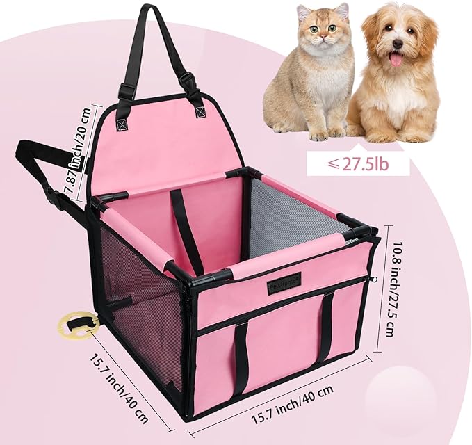 PetsHome Dog Car Seat Foldable Dog Car Booster Seat Waterproof Breathable Oxford Travel Bag for Small to Medium Dogs, Puppies, and Pets-Pure Pink-Upgrade