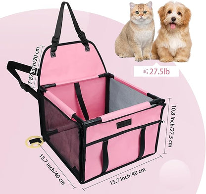 PetsHome Dog Car Seat Foldable Dog Car Booster Seat Waterproof Breathable Oxford Travel Bag for Small to Medium Dogs, Puppies, and Pets-Pure Pink-Upgrade