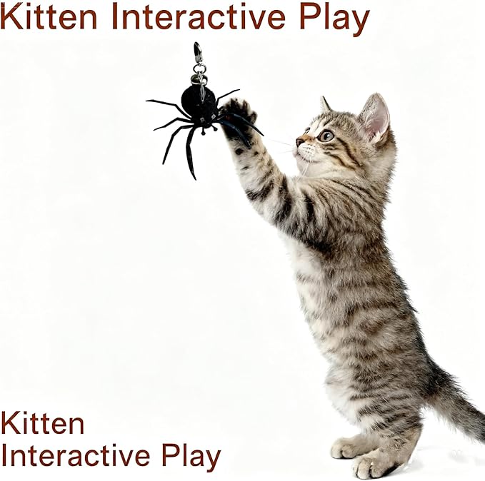 2Pcs Cat Toy Spider Refills – White & Black Heads with Bell/Lobster Claw, Feather Wand Replacement for Kitten Interactive Play
