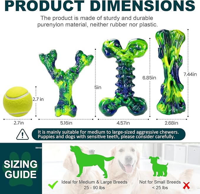 3-Pack Indestructible Dog Chew Toys for Aggressive Chewers, Peanut Butter Nylon Bones for Medium Large Dogs (25-90 lbs), Dental Chews for Boredom & Anxiety (Lucky Green)