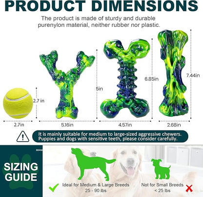 3-Pack Indestructible Dog Chew Toys for Aggressive Chewers, Peanut Butter Nylon Bones for Medium Large Dogs (25-90 lbs), Dental Chews for Boredom & Anxiety (Lucky Green)