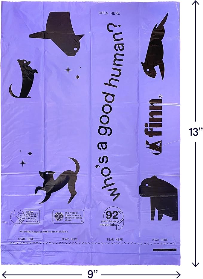 Finn 92% Biobased Poop Bags | USDA-Certified BioPreferred Product | Made from 92% Plant-Based Materials / 8% PE | Unscented Dog Waste Bags, Set of 120