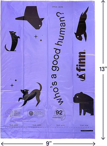 Finn 92% Biobased Poop Bags | USDA-Certified BioPreferred Product | Made from 92% Plant-Based Materials / 8% PE | Unscented Dog Waste Bags, Set of 120
