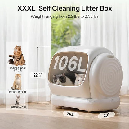 Self Cleaning Cat Litter Box, XXXL Automatic Litter Box for Multiple Cats, Weight Sensors Safety Protection, Smart APP Control, Odor Control, Works with Clumping/Bentonite/Mineral Litter