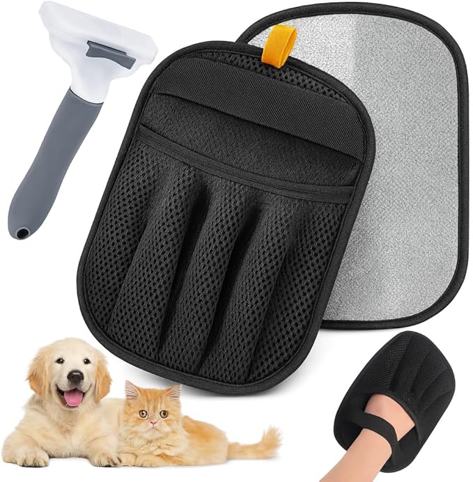 Pet Hair Removal Glove 2 Pack - Electrostatic Cat Hair Remover for Couch Furniture | Dog Hair Remover Magic Brush Reusable | Pet Hair Remover for Clothes Laundry Carpet Car Seat [with Grooming Brush]