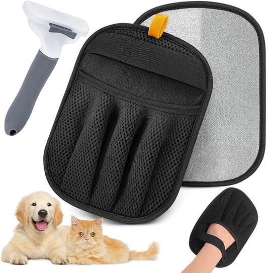 Pet Hair Removal Glove 2 Pack - Electrostatic Cat Hair Remover for Couch Furniture | Dog Hair Remover Magic Brush Reusable | Pet Hair Remover for Clothes Laundry Carpet Car Seat [with Grooming Brush]