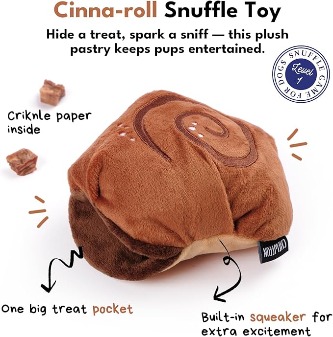 CHEWFFON Interactive Dog Enrichment Snuffle Toy, Squeaky Dog Toys, Cute Soft Puppy Gifts, Crinkle Treat Puzzle Toys for Brain Stimulation, Cinnamon Roll Toy for Small and Medium Size Dogs