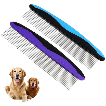2pcs Dog Comb & Cat Comb for Grooming, Stainless Steel Teeth and Rubber Non-Slip Handle for Removes Loose Undercoat,Knots,Mats,Tangled Hair for Large, Medium, Small Dogs and Cats Purple+Blue
