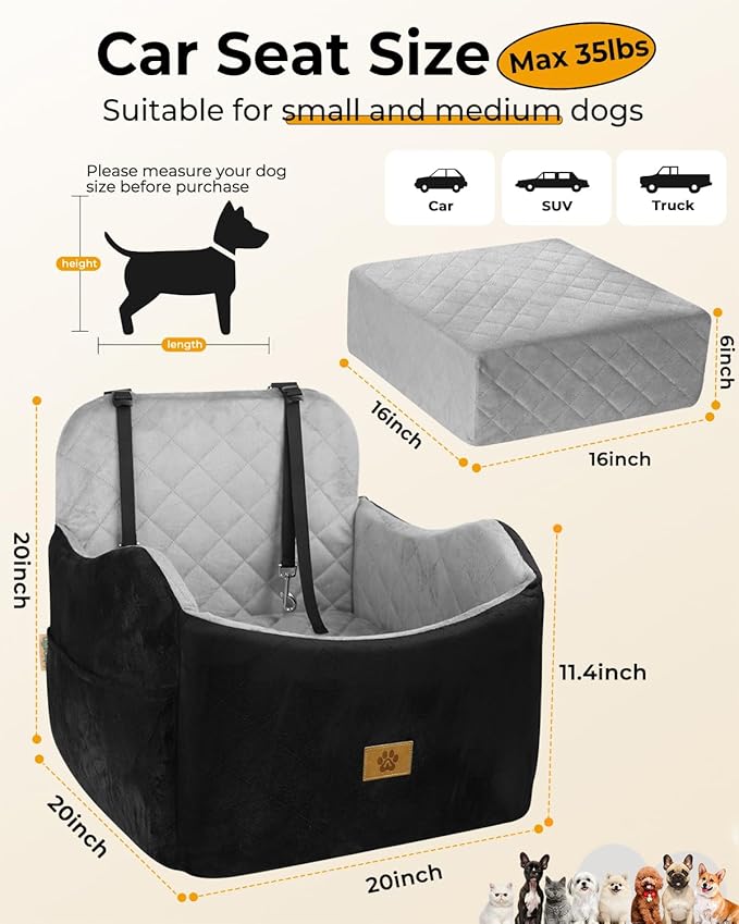 Dog Car Seat for Small/Medium Dogs, Detachable Washable Dog Booster Car Seat Under 35lbs, High-Support Memory Foam,Travel Bed with Storage Pockets