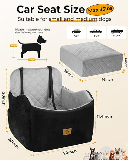 Dog Car Seat for Small/Medium Dogs, Detachable Washable Dog Booster Car Seat Under 35lbs, High-Support Memory Foam,Travel Bed with Storage Pockets