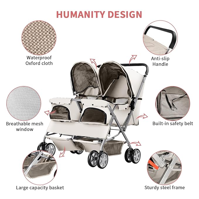 Double Pet Stroller, Foldable Stroller for 2 Dogs & Cats, Two-Seater Carrier Twin Dog Walk Jogger Travel Pet Carriage Cart with Storage, Gray