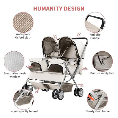 Double Pet Stroller, Foldable Stroller for 2 Dogs & Cats, Two-Seater Carrier Twin Dog Walk Jogger Travel Pet Carriage Cart with Storage, Gray