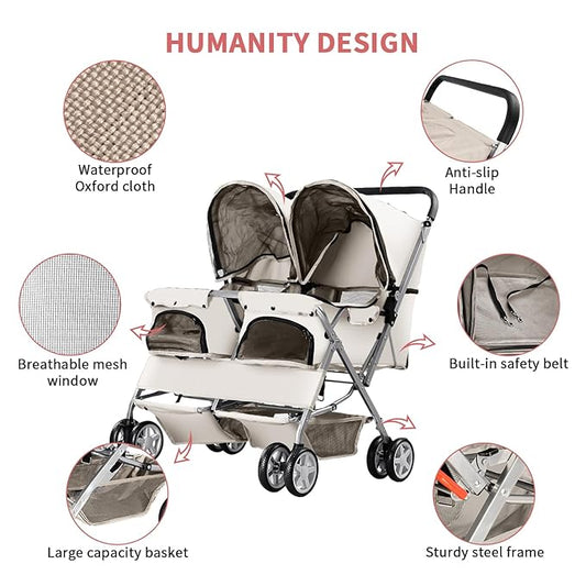 Double Pet Stroller, Foldable Stroller for 2 Dogs & Cats, Two-Seater Carrier Twin Dog Walk Jogger Travel Pet Carriage Cart with Storage, Gray