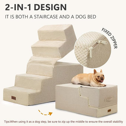 Pet Stairs for High Bed, 5-Step Dog Stairs for Small Dogs, Indoor Non-Slip Dog Steps for Old Cats, Puppy, Small Medium Dogs,22.6" H,Beige