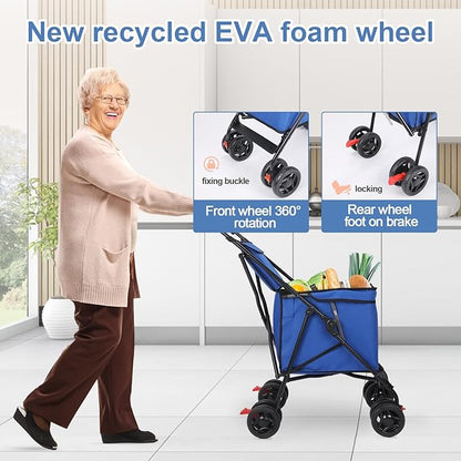 Wedyvko Pet Dog Stroller, 4 Wheel Foldable Cat Dog Stroller with Storage Basket, Handle 360° Front Wheel Rear Wheel with Brake for Small Medium Dogs & Cats (Blue)
