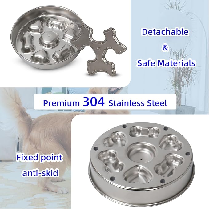 Slow Feeder Dog Bowl Stainless Steel - Double-Sided Rotating Puzzle Design, 2 Cup Capacity for Medium & Large Dogs, Anti-Choking, Non-Slip Base, Dishwasher Safe