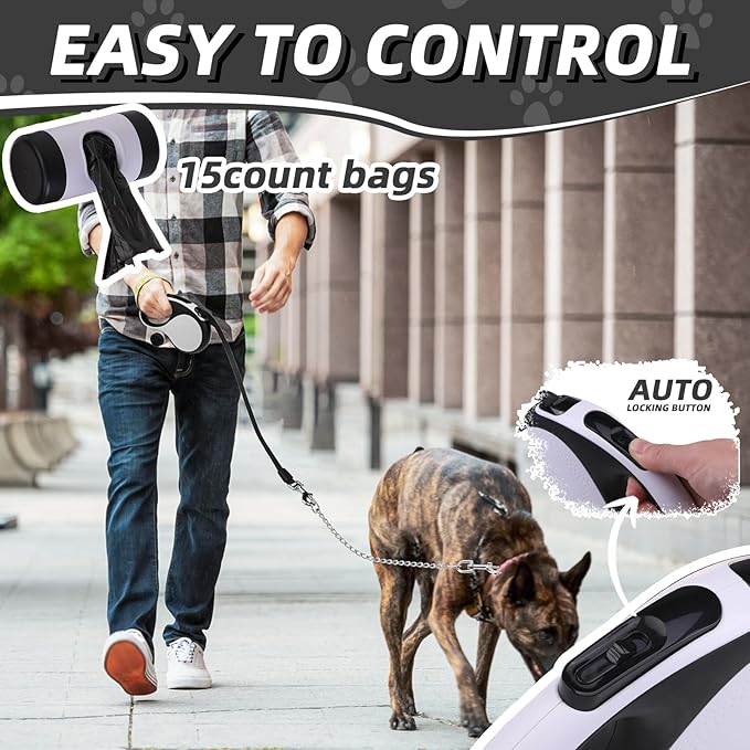 PUPTECK Retractable Dog Leash with Chew Proof Chain, 360 Tangle-Free Walking Leash for Small to Large Dogs, Heavy Duty up to 110lbs, 16ft Strong Nylon, One-Hand Brake White