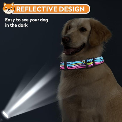 Reflective Dog Collar, Adjustable Soft Neoprene Padded Nylon Pet Collars with Buckle for Puppy and Small Dogs, Cats, Colorful Wave Pattern,M